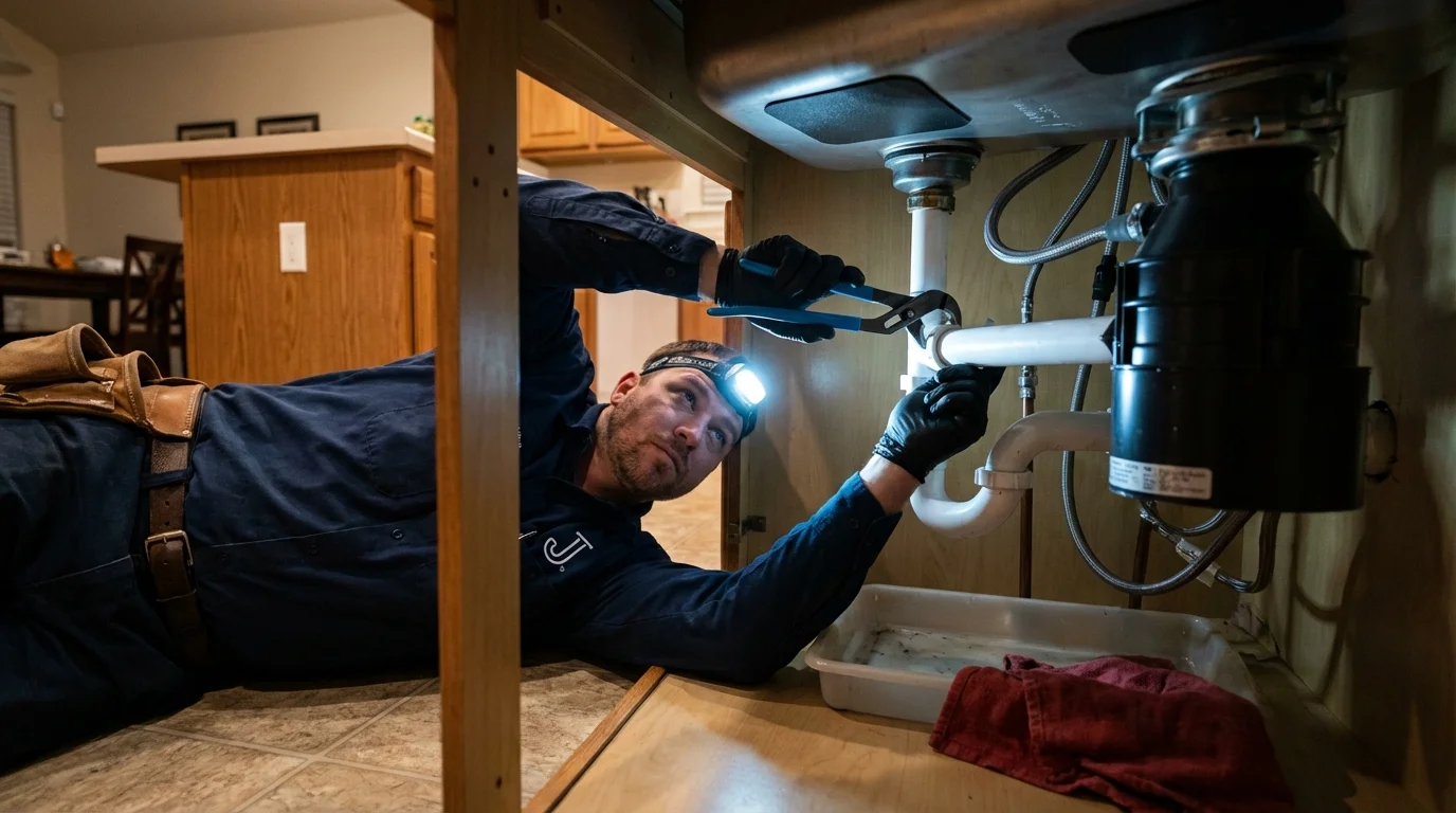 P-trap and supply line connections under a kitchen sink showing a common leak point in Canton, PA
